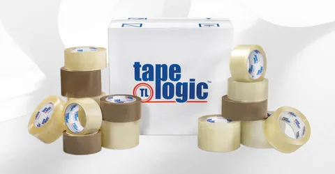 Tape Logic carton sealing tape rolls, clear and tan, around a Tape Logic case