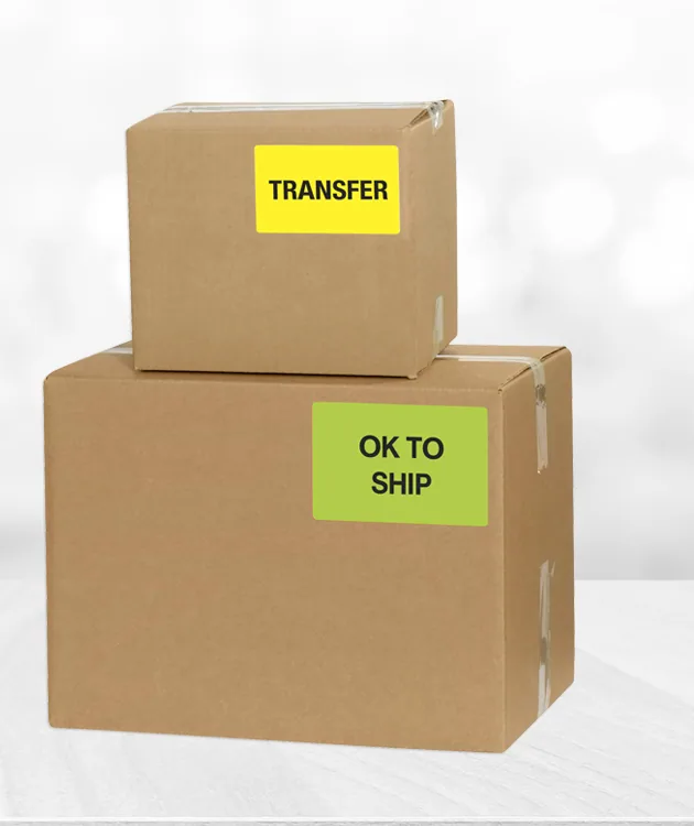 Cartons marked with Transfer and OK to Ship labels