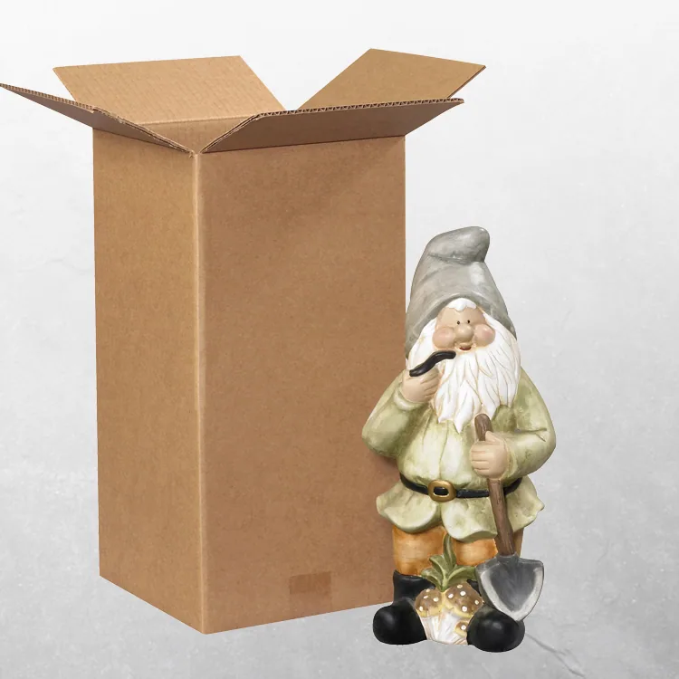 A tall corrugated box next to a garden figure