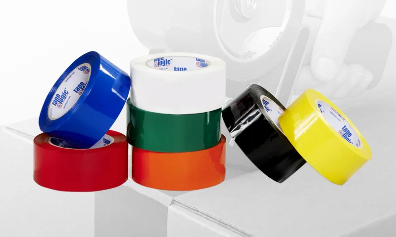 Colored carton sealing tape in blue, white, green, red, orange, black and yellow