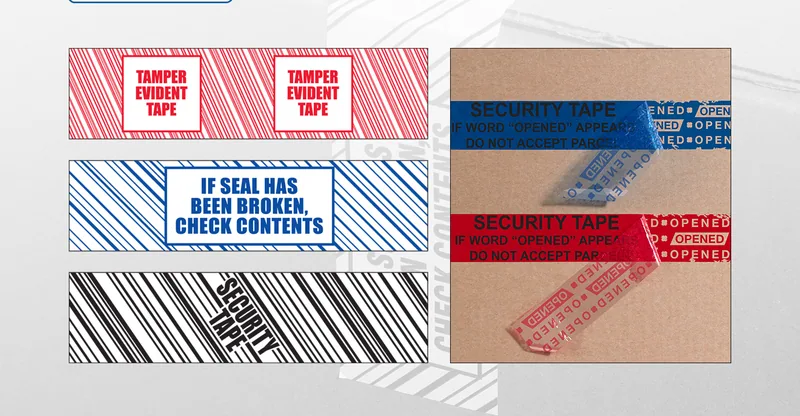 Tamper-evident and security tape samples on a carton